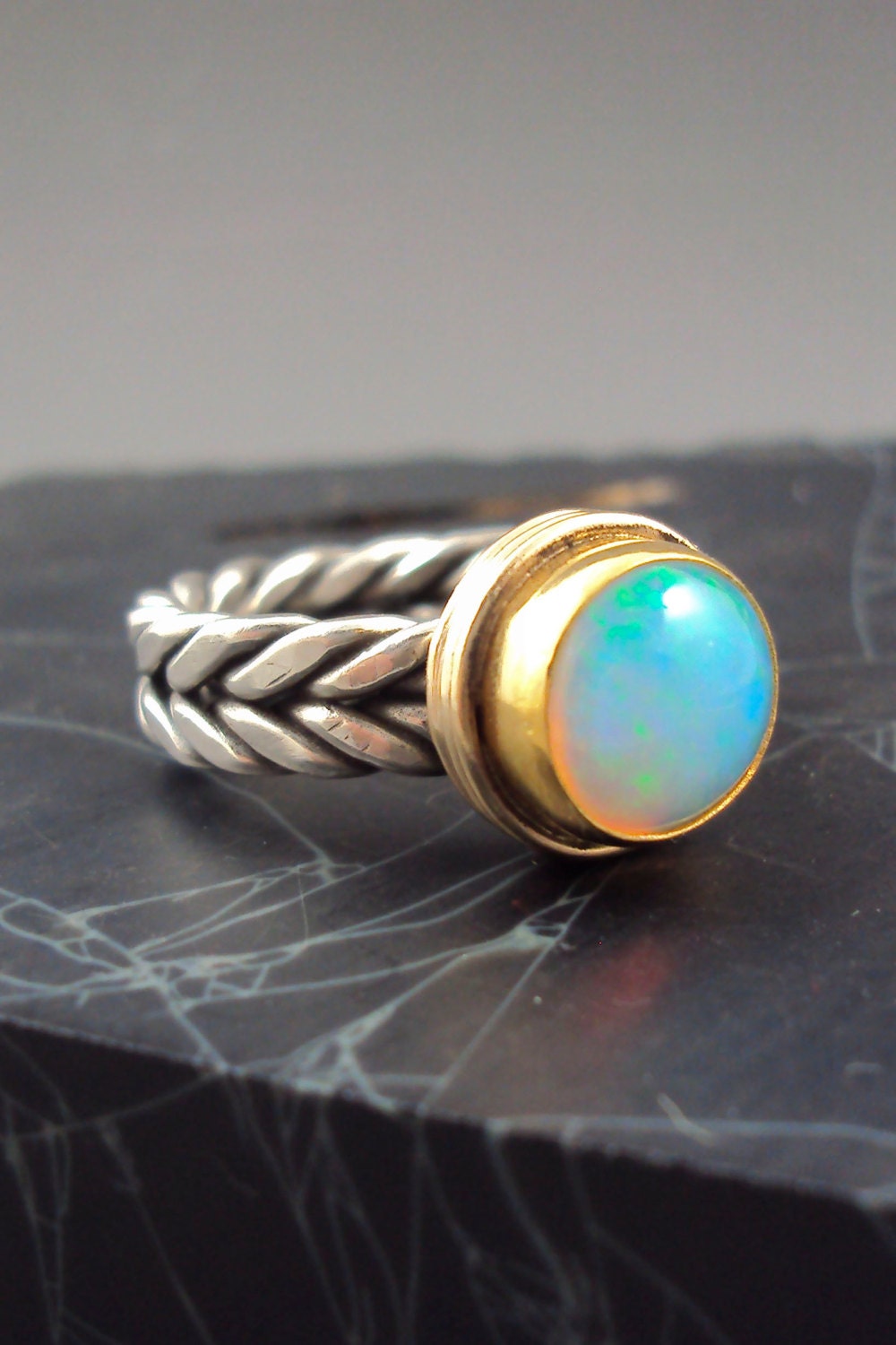 Silver and Gold Opal Ring with Braided Band