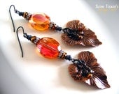 Victorian Lily Leaf Earrings Dangle Orange Peach Copper Crystals Woodland Wedding Fairy Bridal Romantic MIDSUMMER DAYS by Spinning Castle