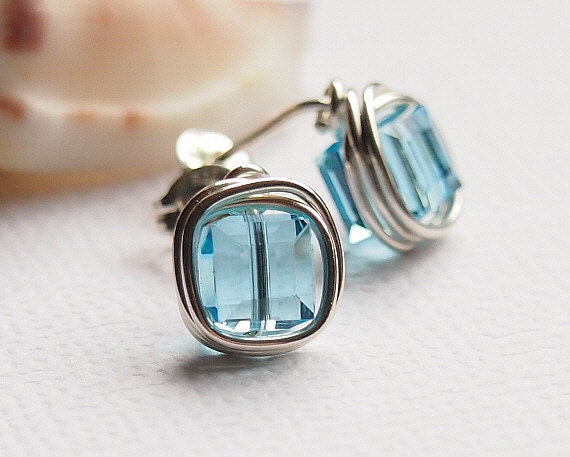 Aquamarine Studs, Blue Square Crystal Glass Post Earrings, Sterling Silver, Swarovski - ICEBERG