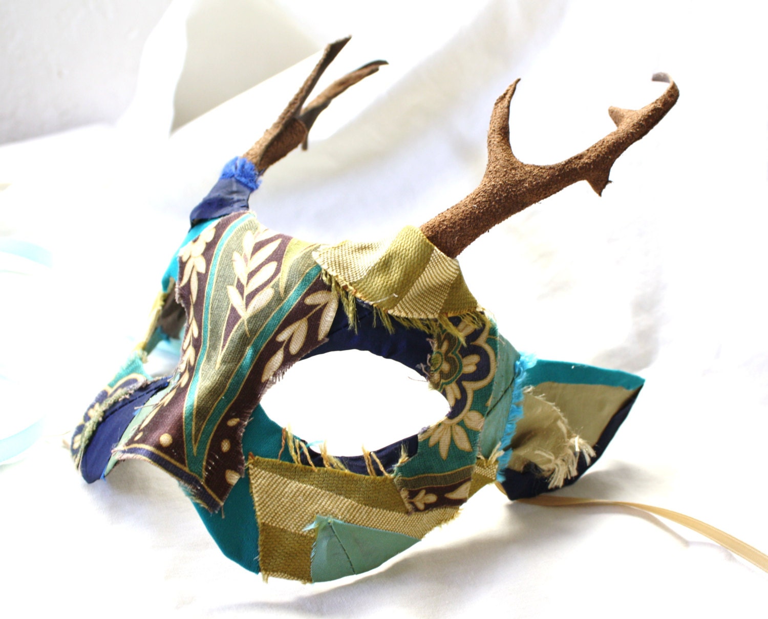 Eikthyrnir - OOAK Upcycled Animal Mask - The Deer in Brown, Teal, and Green - Scrap Menagerie Series