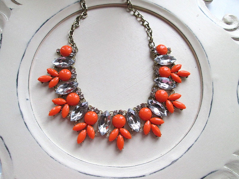 Beaded Bib Statement necklace Rhinestone bubble necklace dark coral