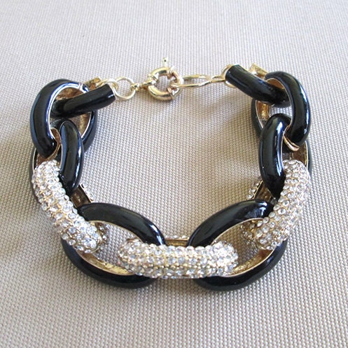 TU EnPav (Enamel and Pave combo) bracelet Chunky Link PAVE BLiNG - Arm Candy - Striking Black Gold clear crystal