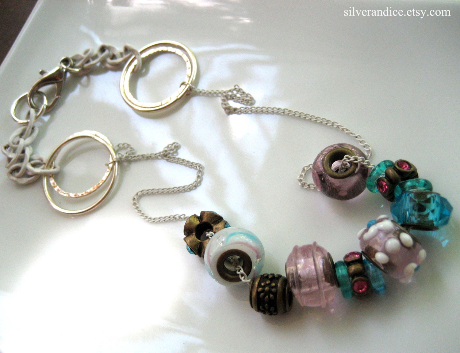 Pink & Blue Necklace / Summer Necklace / White Chain Glass Beads / Unique Handmade Jewelry