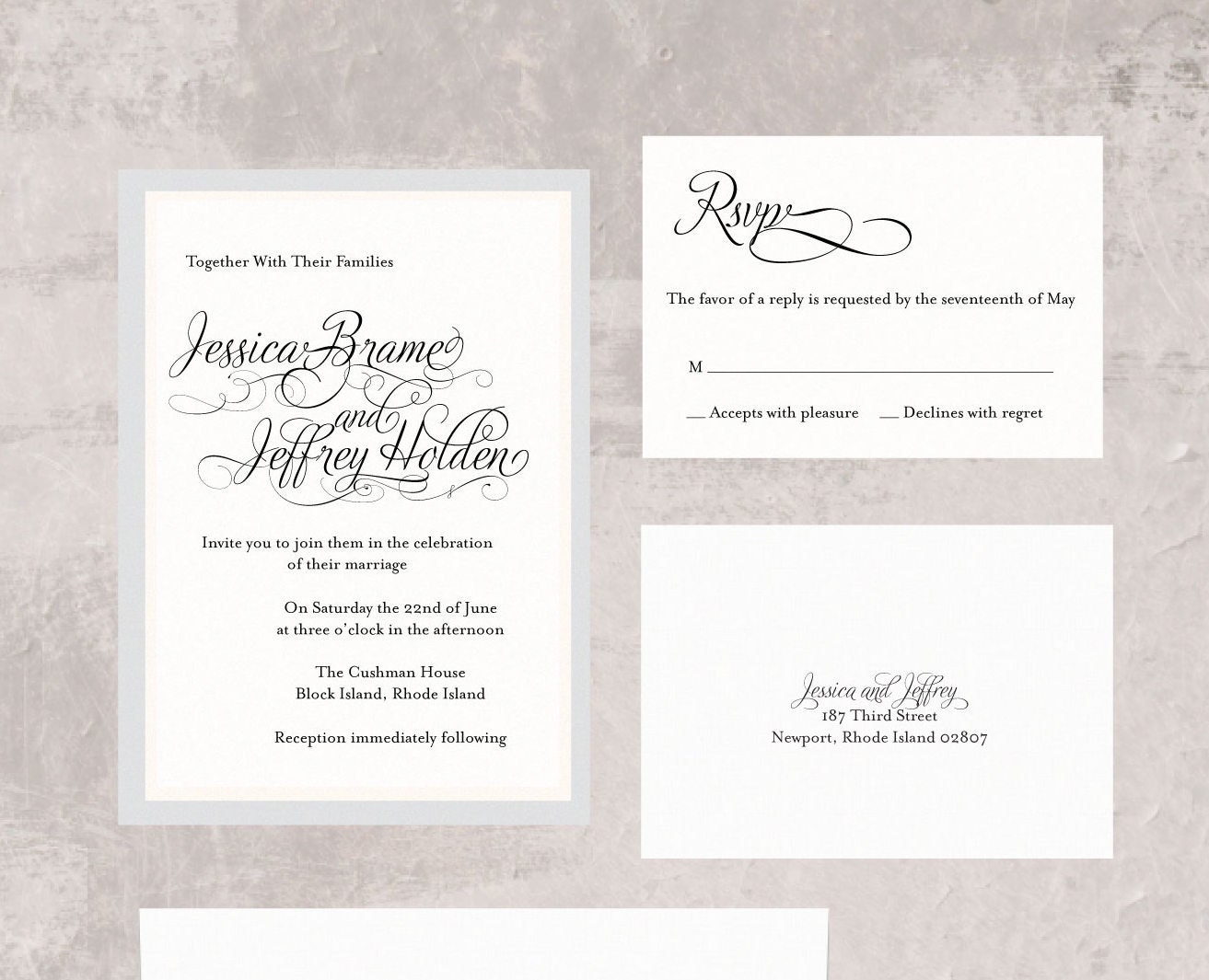 Blush Pink and Silver Gray Flat Romantic Wedding Invitation Set - Jessica and Jeffrey
