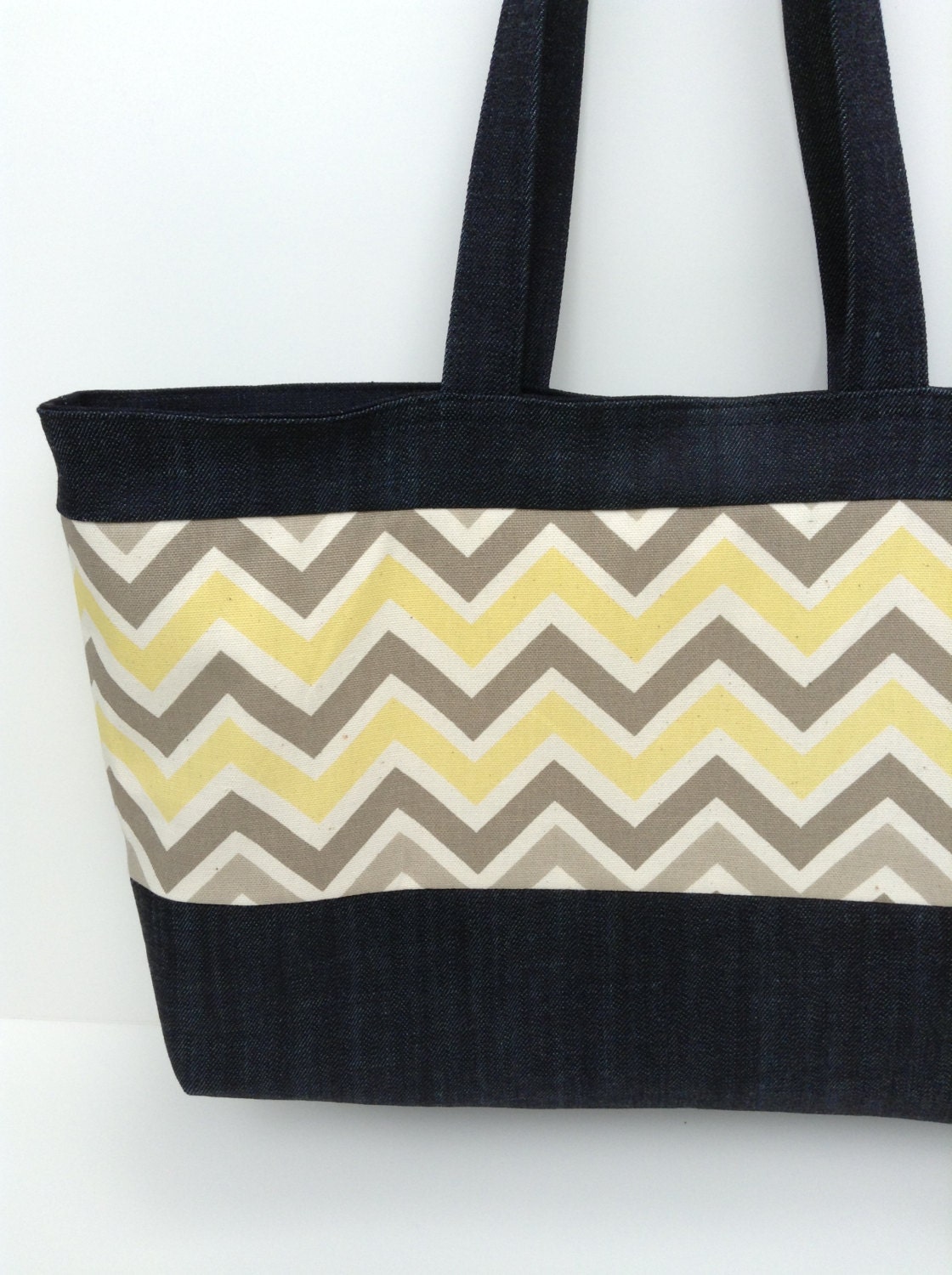 Natural, Yellow, and Shades of Grey Chevron & Denim Tote