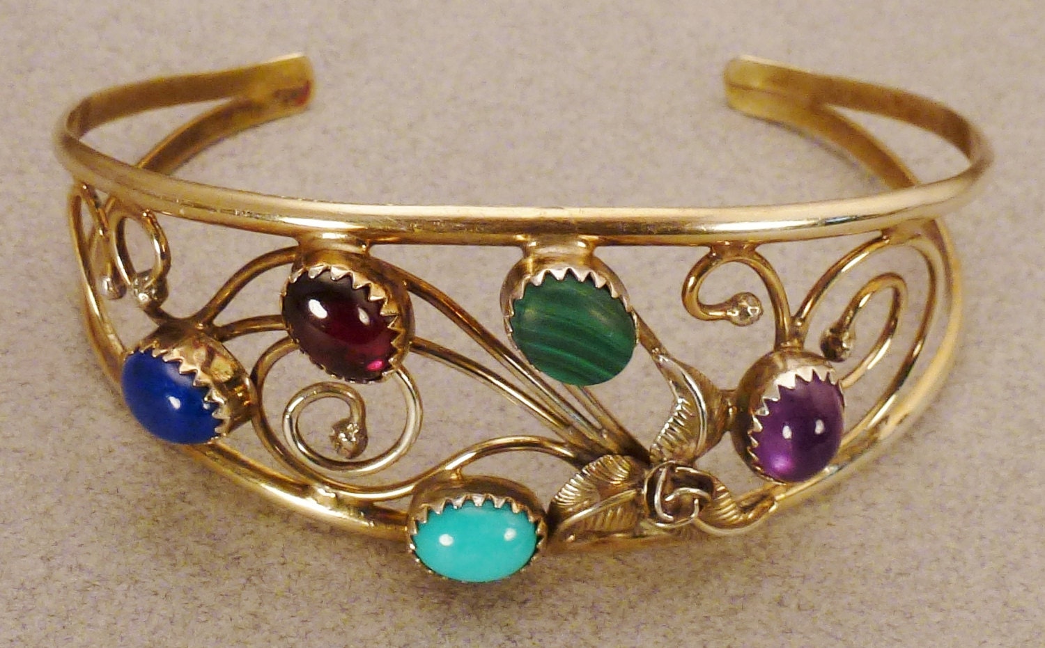 Signed BRACELET CUFF  semi precious stones  Sterling silver vintage  handcrafted 6 x 1  in  long