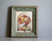 Summer Wall Decor Zinnia Print in Ornate Green Gesso Frame