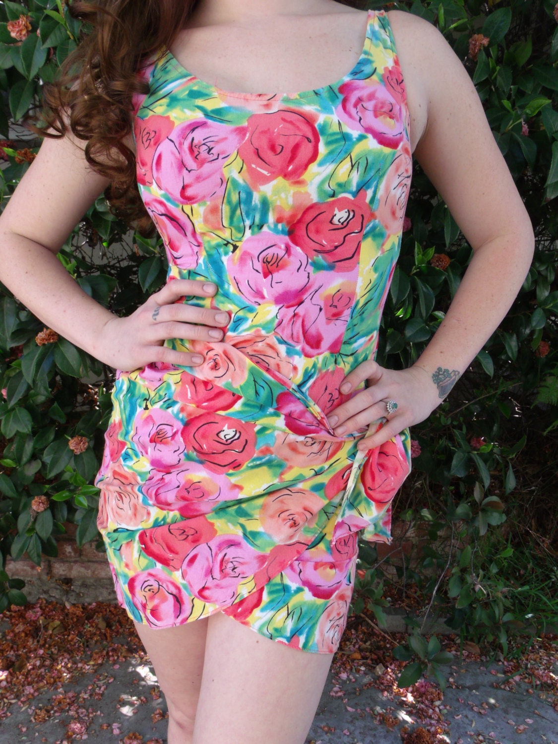 Vintage Floral Onesie. Day Dress. Pink Floral Mini Dress. Wrap Skirt. Betsey Johnson Style Dress