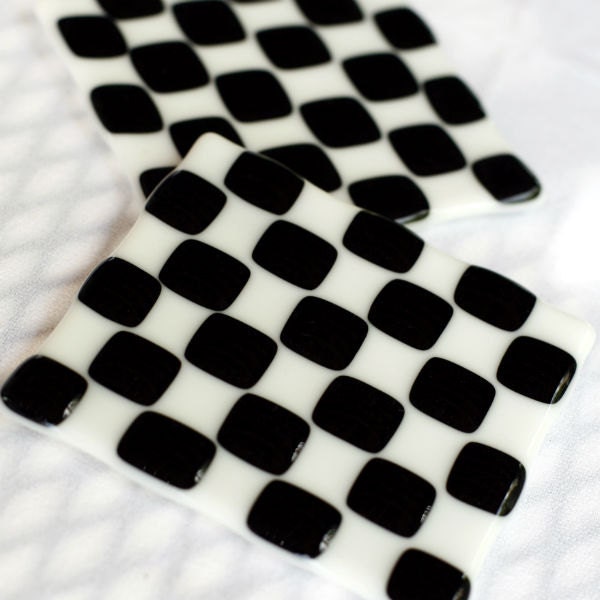 Fused Glass Coasters - Checkered Flag - black and white