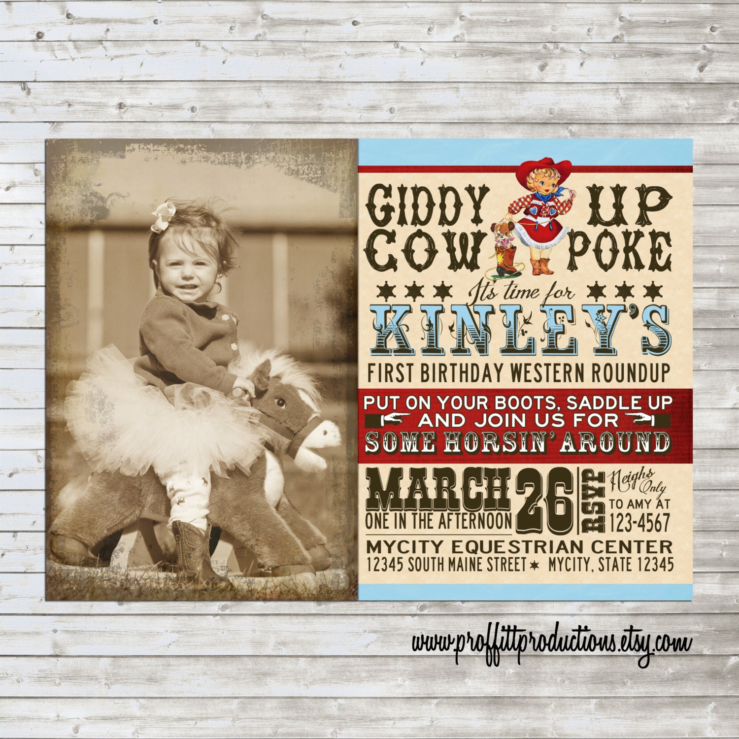Vintage Cowgirl photo birthday party invitation in aqua and red - digital file