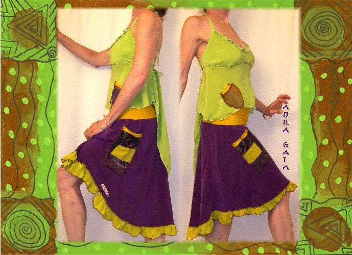 Top & Skirt Hand Dyed Silk in Spicy Chartreuse, Dark Orchid and Ochre fits Small - Medium