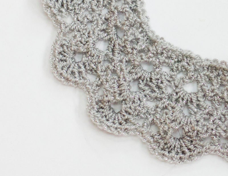 Sparkly Silver Gray Lace Necklace, Collar,  Statement Necklace, Fiber Jewelry, Hand Crocheted