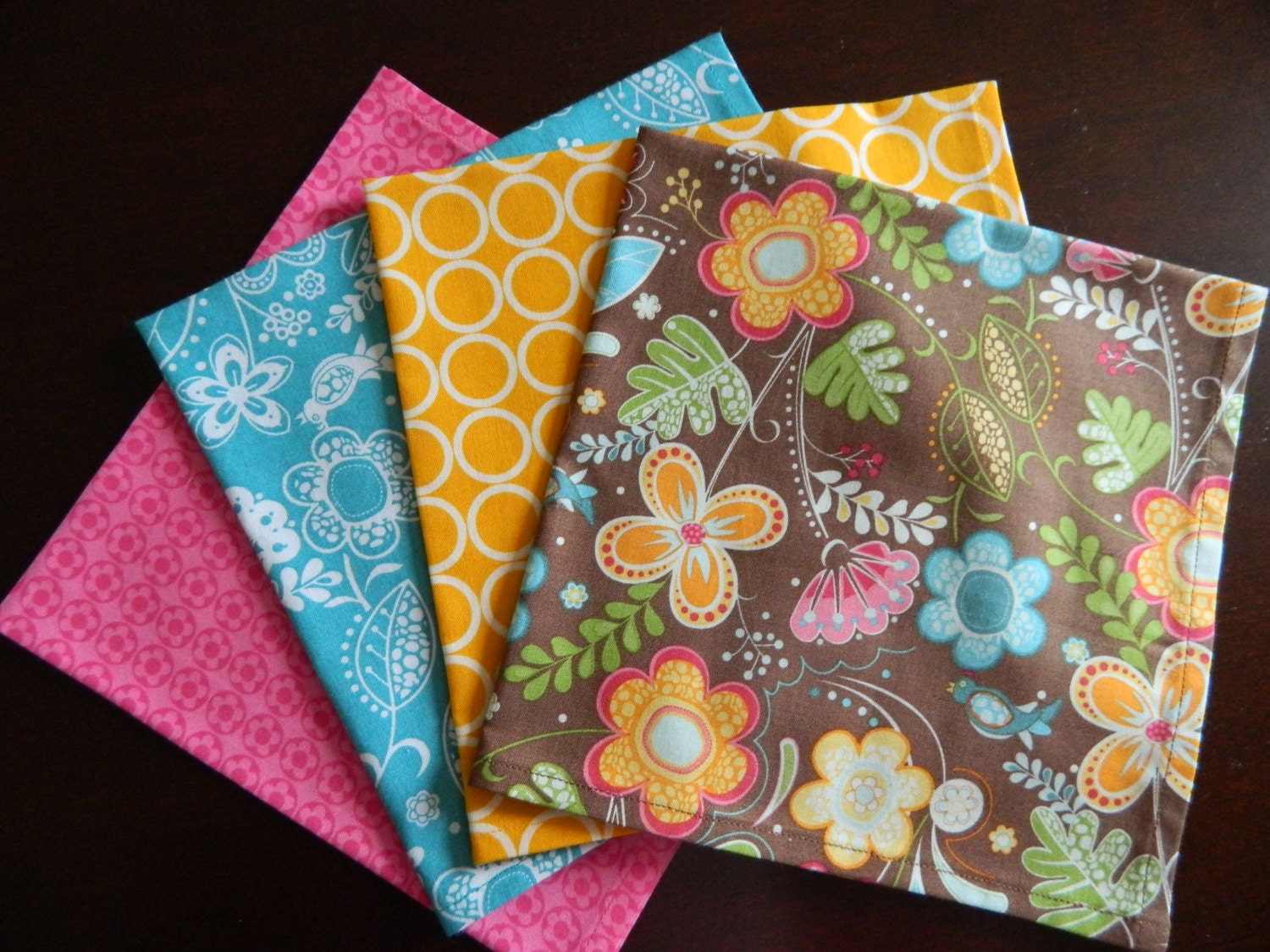 Bright Spring Fun Colors Dinner Napkins, Mixed Set of 4. Flowers, Circles, Birds. Great Bridal Shower, Birthday or Mother's Day Gift