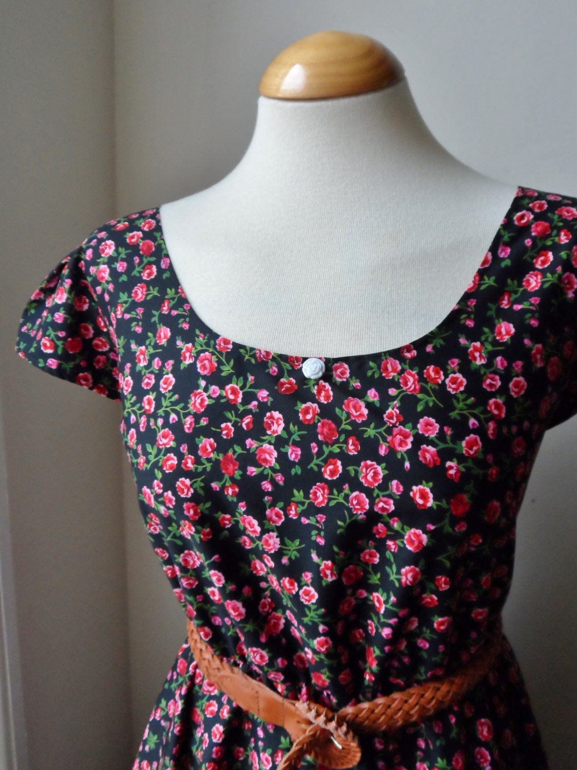Floral Rose Dress / Black Gypsy Rose Tea Dress / Handmade Longer Length Dress / Choose Your Size