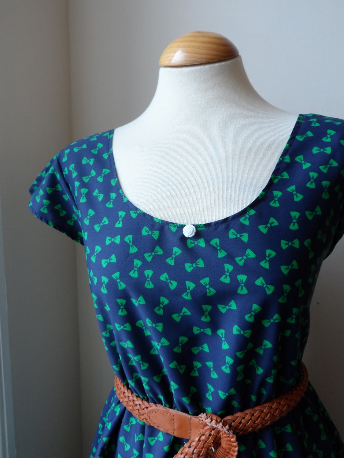 Tea Dress In Navy Blue with Green Bows / Handmade / Choose Your Size