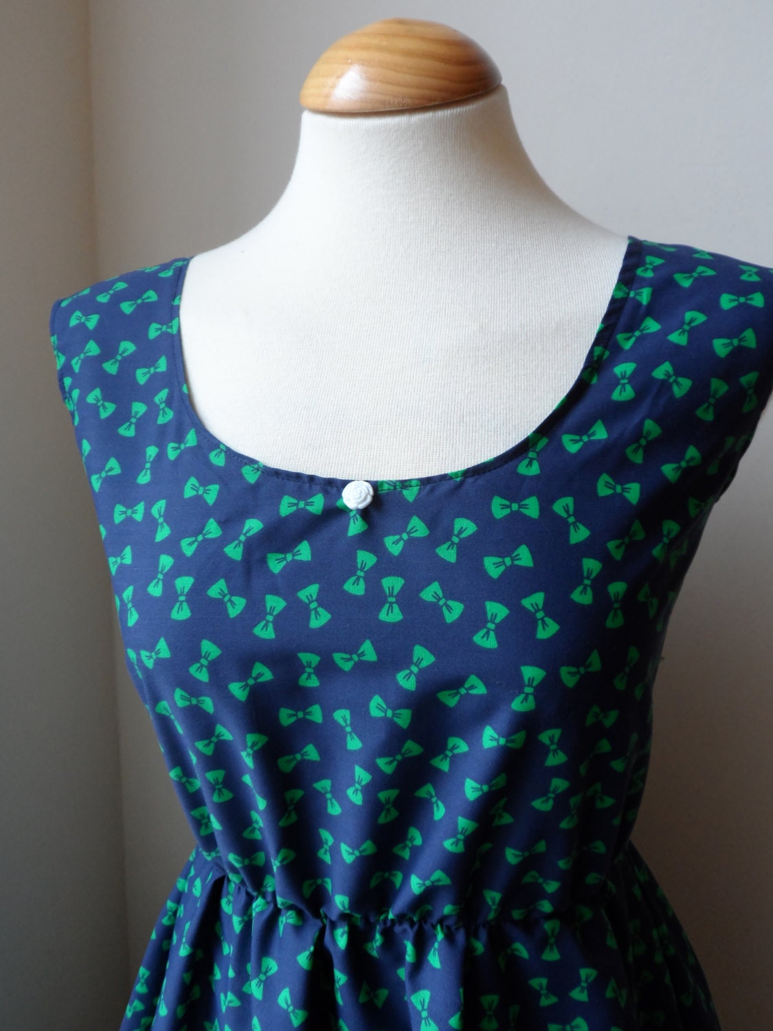Dress In Navy Blue with Cute Green Bows / Handmade / Choose Your Size