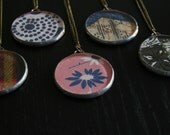 Vintage Fabric Pink with Blue Daisy X-Large Soldered Necklace - Copper Patina and Brass Chain