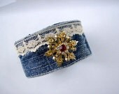 Upcycled Denim Cuff Bracelet Tattered Vintage Grunge Blue Jean Cowgirl Rockabilly Rocker Fiber Jewelry