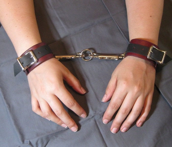 Black and Oxblood leather bondage handcuffs