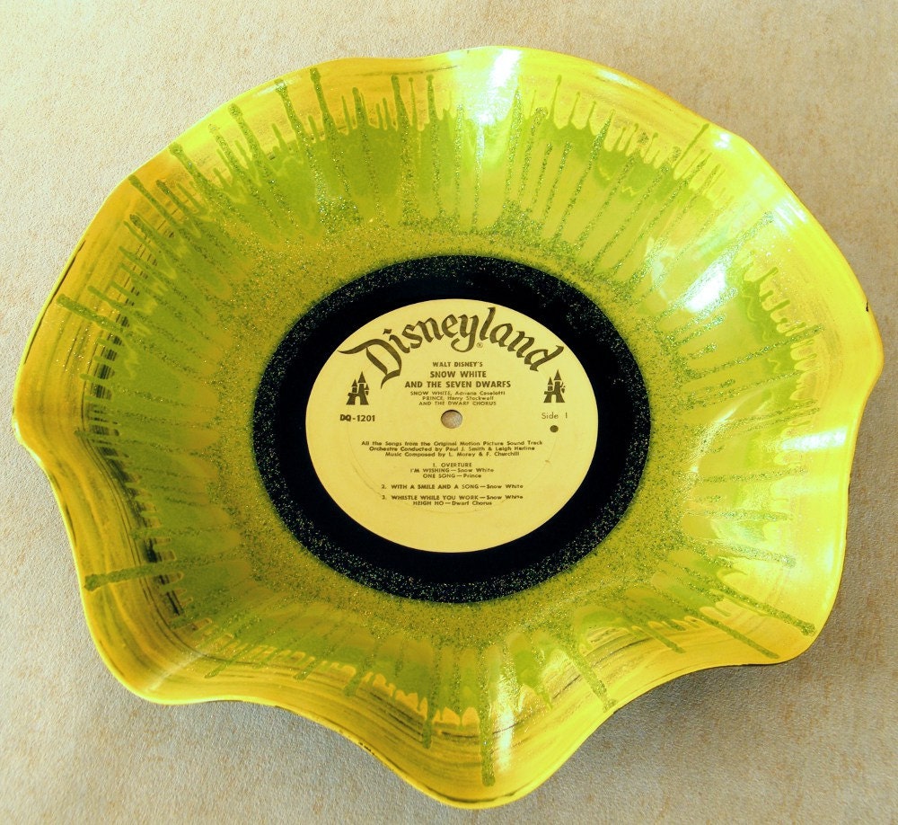 DISNEYLAND  Snow White and the Seven Dwarfs - Hand Painted Recycled Record Bowl - Free Shipping