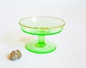 Vintage Depression Uranium/Vaseline Glass Pedestal Dish Compote with Gold Edge