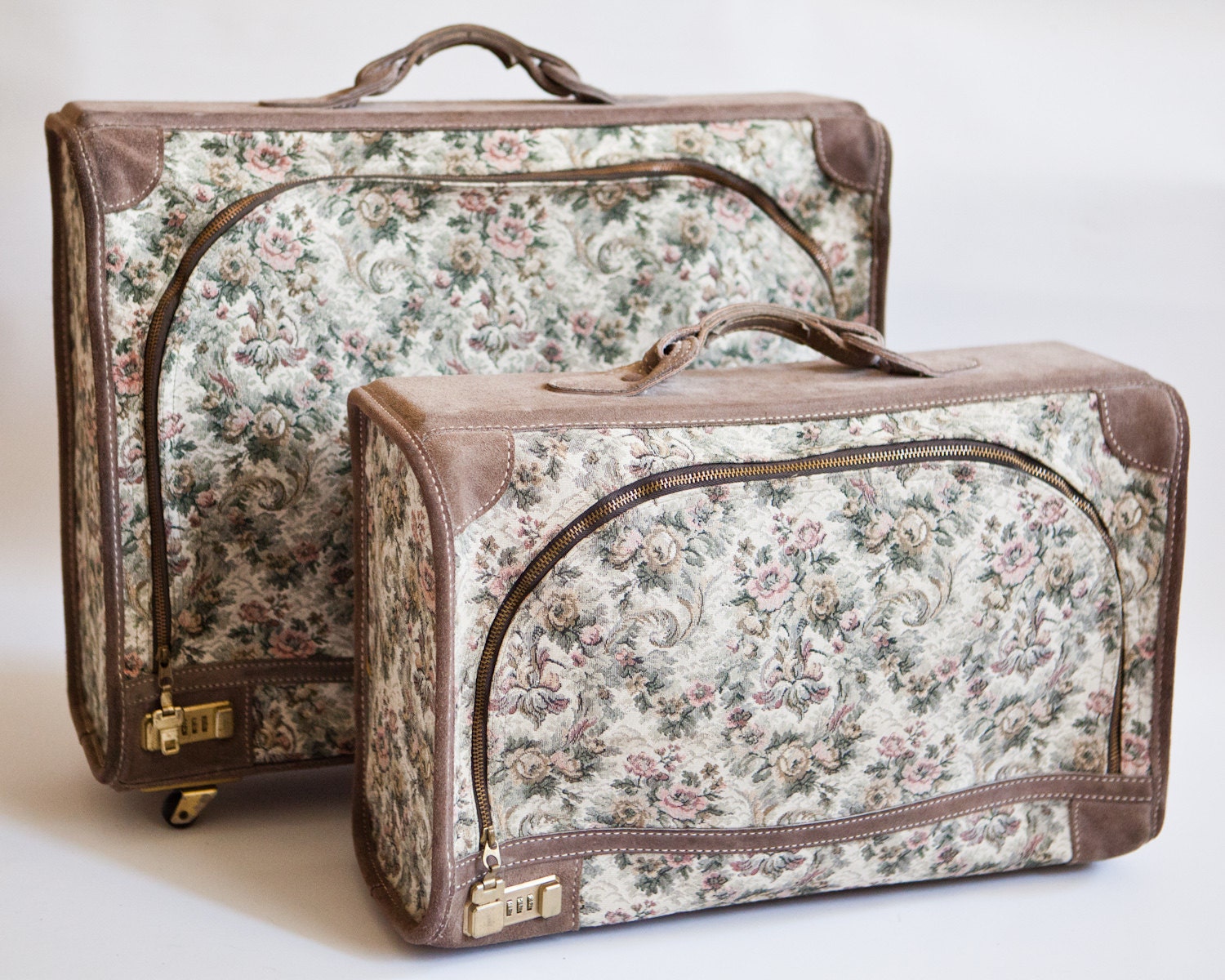 Two Pc. Vintage French Luggage Company California 1970s Grey Rose Tapestry and Grey Suede Suitcases/Carry Ons