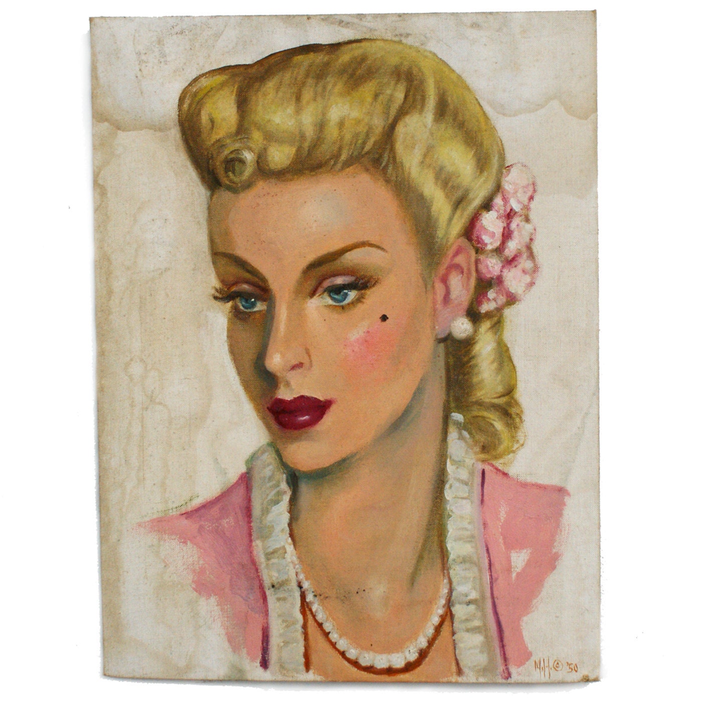 1950s Original Portrait Painting Mid Century Modern
