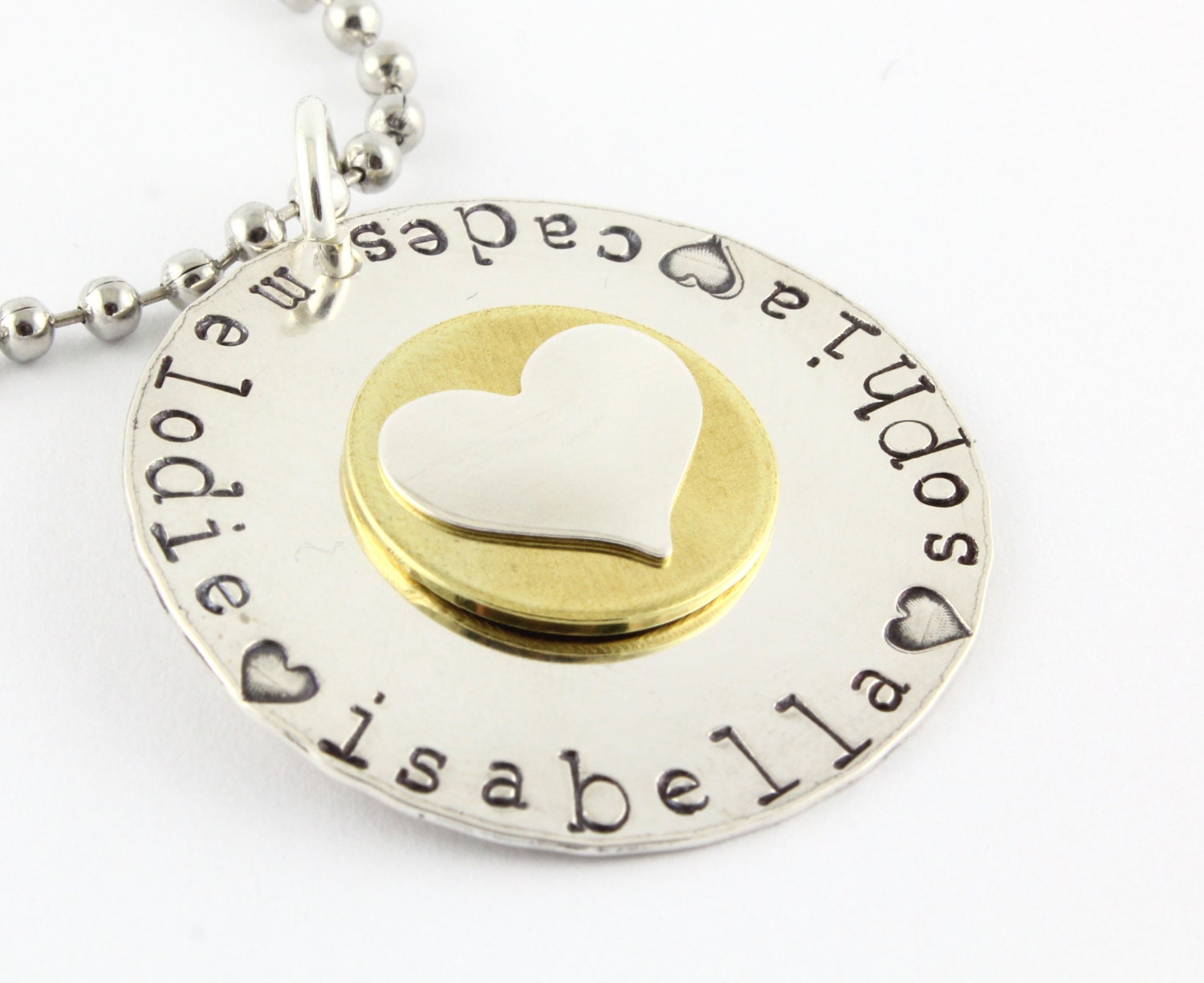 Personalized Sterling Silver Heart & Brass Necklace - Custom Hand Stamped Mother's Day Gift