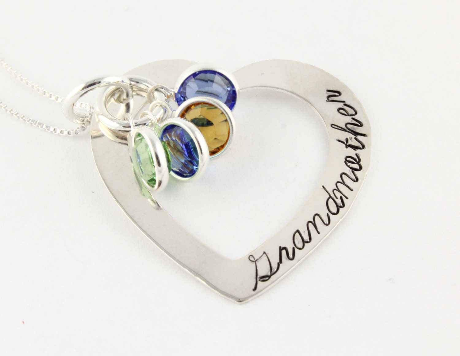 Mother's Day Gift - Personalized Sterling Silver Heart Necklace - Swarovski Crystal Birthstones - Custom Hand Stamped Necklace