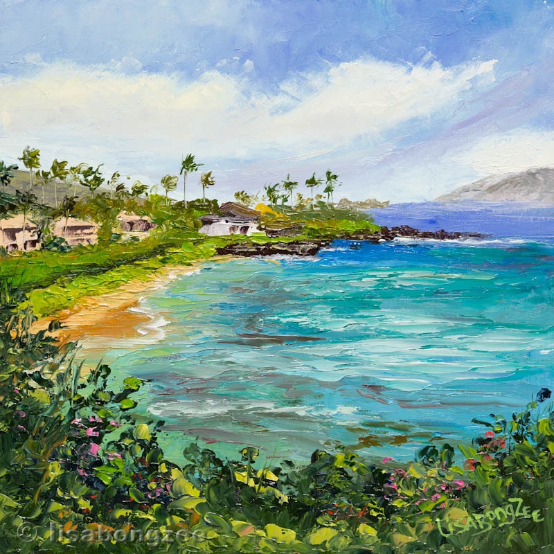 KAPALUA BEACH Framed Maui Hawaii Original Oil Painting Art Artwork Tropical Ocean Surf Snorkel Golf Hotel LISABONGZEE