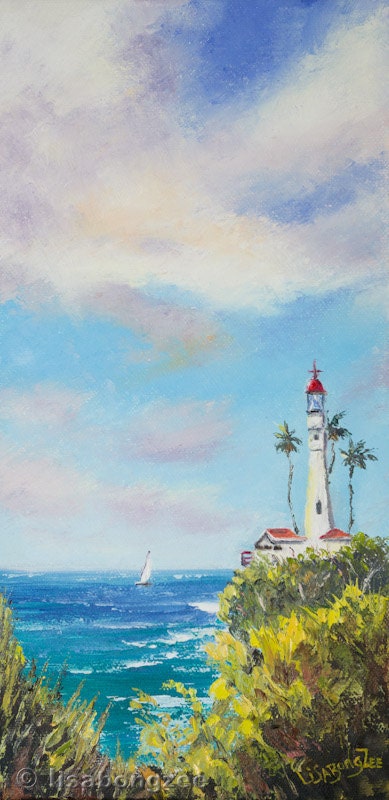 Diamond Head Lighthouse Original Oil Painting 12x6 Art Artwork Sail Sailing Tropical Beach Oahu Hawaii Hawaiian Palm Tree Ocean Light House