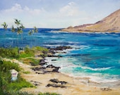 MAKAPU'U BEACH Original Palette Knife Oil Painting 11x14 Art Surf Rabbit Island Lifeguard Boogie Body Board Oahu Hawaii Ocean LISABONGZEE