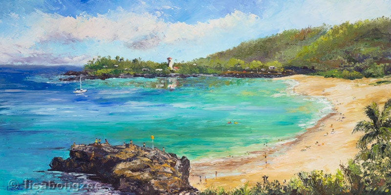 WAIMEA BAY Hawaii Original Oil Painting 12 x 24 Art Artwork Tropical North Shore Hawaiian Haleiwa Jump Rock Palm Tree Surf Vacation