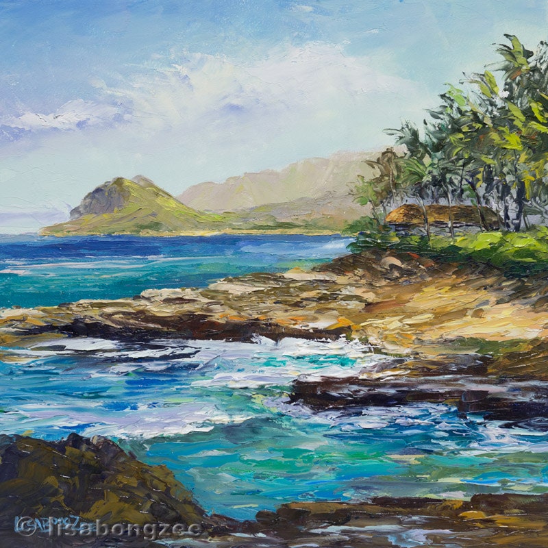 Ko Olina Hawaii Framed Original Oil Painting Art Artwork Lagoon Monk Seal Beach Oahu Tropical Ocean Surf Waves Wedding Island Paradise Cove
