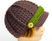Green and Brown Newsboy Hat with Visor, Men's or Women's Beanie