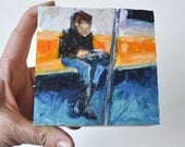 Art Oil Painting New York City  Woman Subway Rider iPad on Wood Block