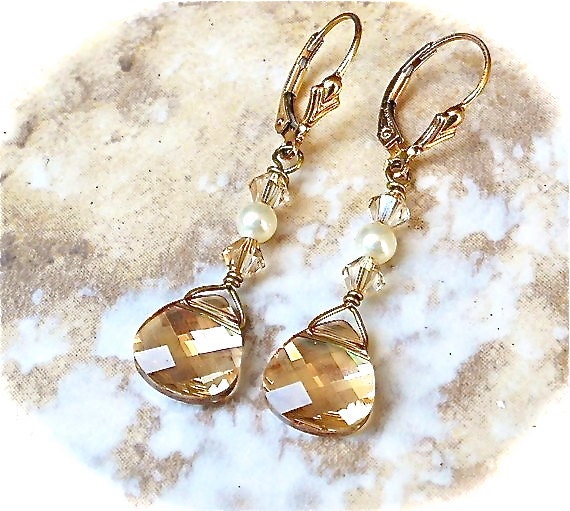Champagne Bridal Earrings, Swarovski Crystal Golden Shadow and Pearls, Gold, Bridesmaids, Bridal, Wedding Jewelry