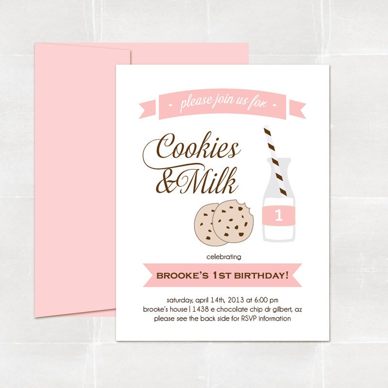 cookies and milk birthday invitation. pink. printed and handmade. Il_570xn