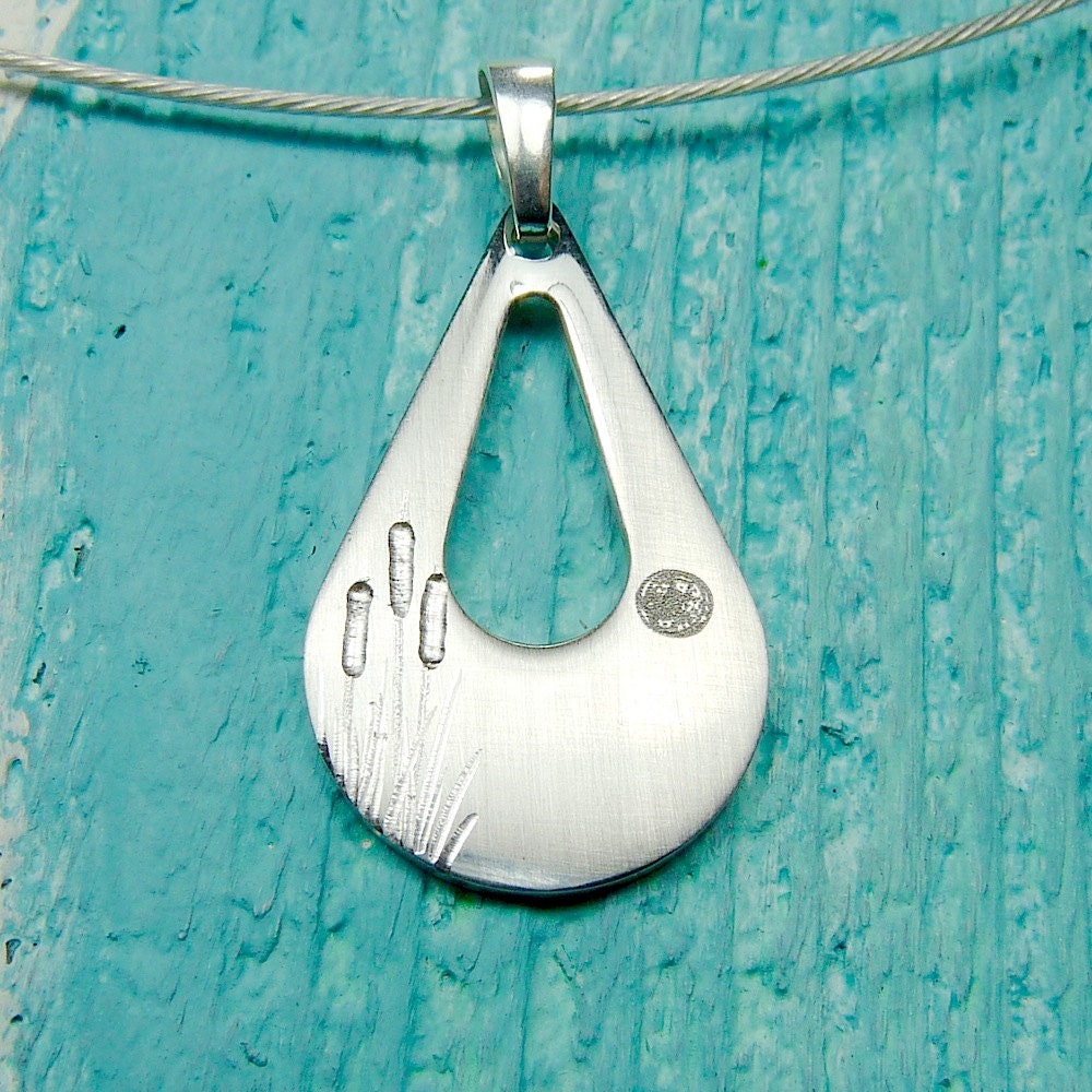 MOONLIT MARSH Cattails in the Full Moon Drop Pendant