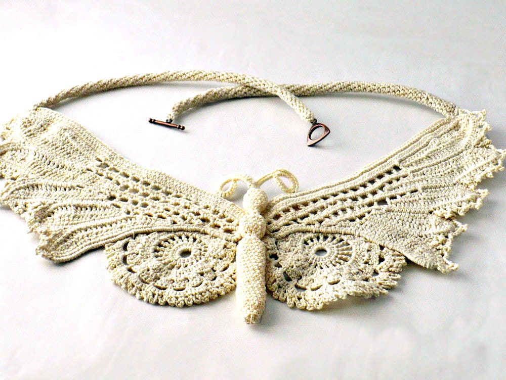 Crochet Necklace Statement Irish Crochet Lace Butterfly in Fine Thread