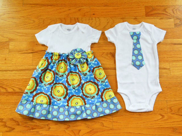 Brother Sister Matching Outfits - Girls Onesie Dress and Boys Tie Onesie or Tie Tshirt - Buttercups in Blue - Soul Blossoms collection