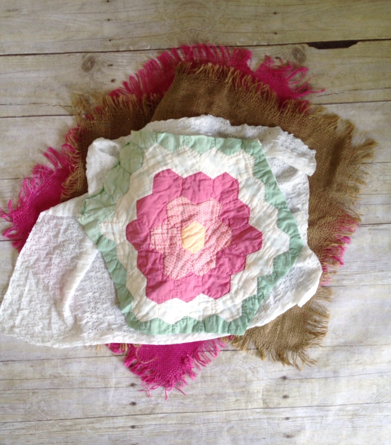 Vintage Quilt and Burlap Layering Set, Newborn Photography Basket Stuffer, Prop Set