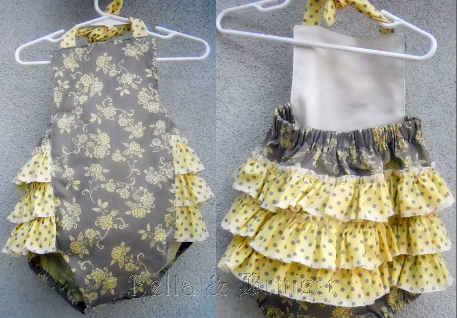 Spring Ruffle Butt Bubble Romper Grey and Yellow