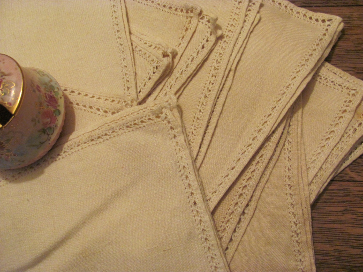 Set of 12 Vintage Off White Cloth Napkins Cut work Border, Wedding Napkins, Could Embroider on...
