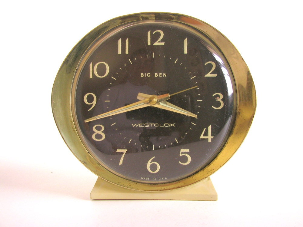 Vintage Wind Up Alarm Clock - Westclox Big Ben Series 8 - White with Brown Face