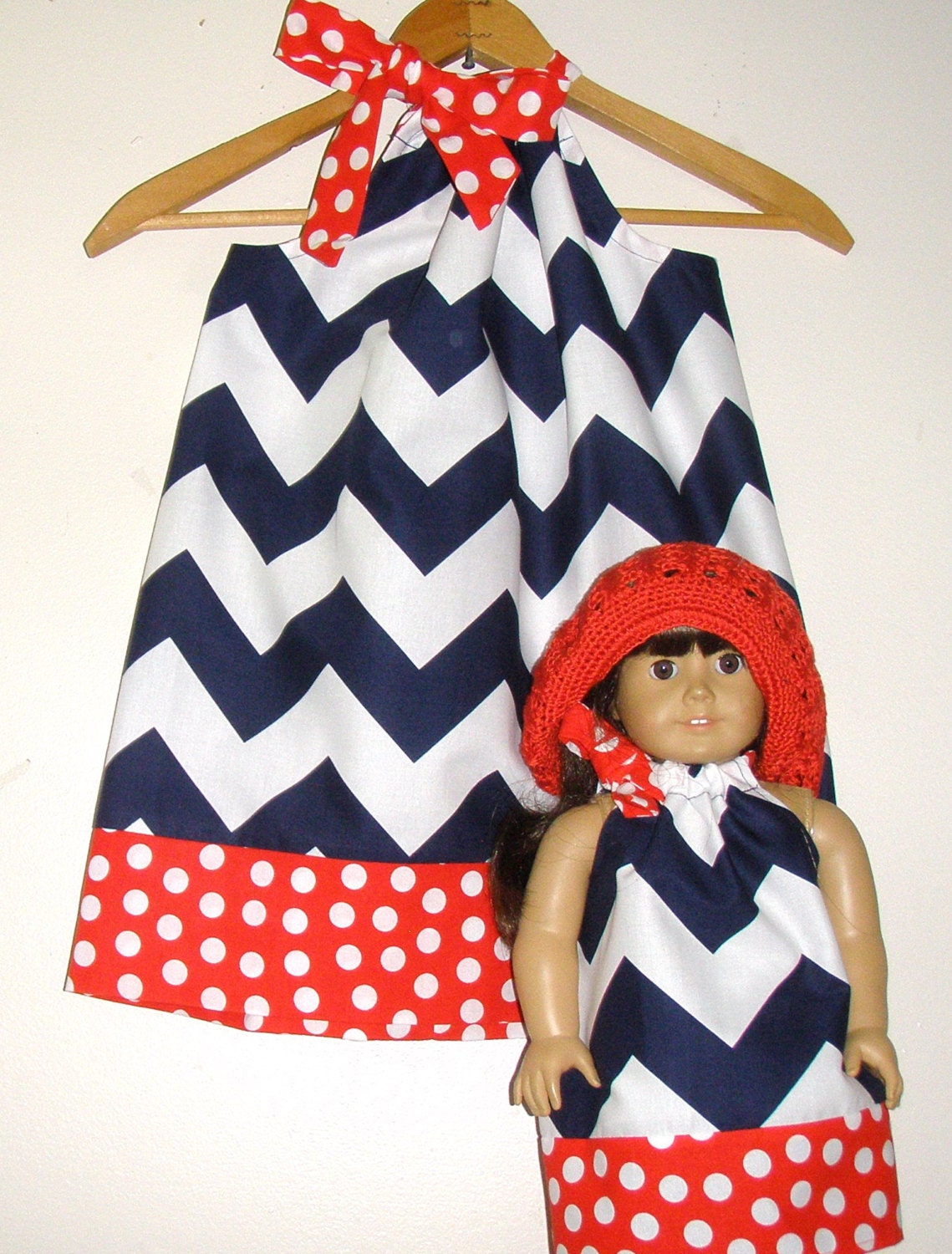 on Sale now  18.49 Normally 19.99  Pillowcase dress red white blue Chevron  matching  doll dress size small or medium