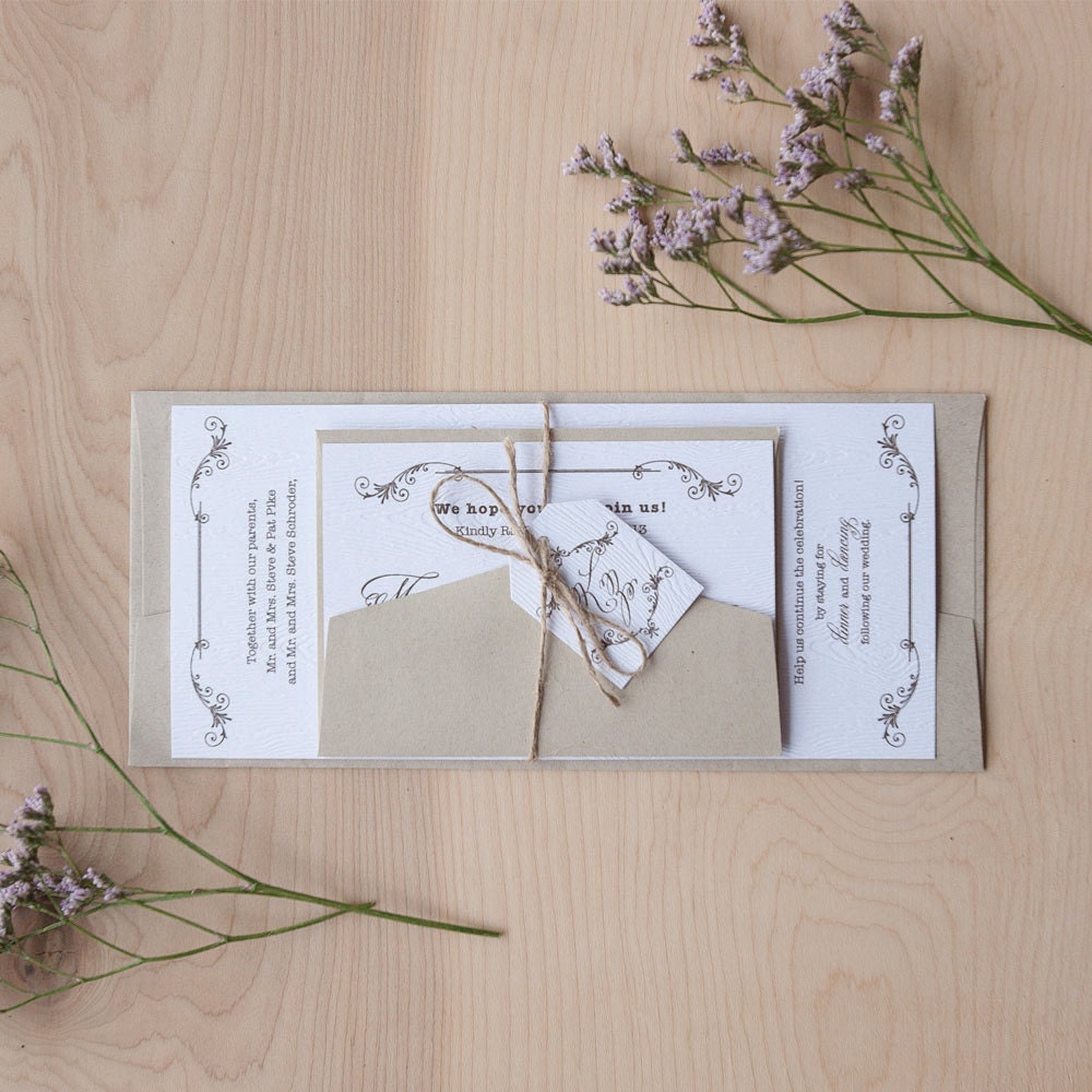 Rustic Vintage Wedding Invitation, Rustic Invitation, Wood texture, Calligraphy invitation with jute twine and monogram tag-