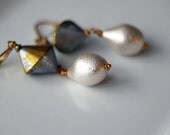 Pearl Drop Earrings - Retro Vintage Lucite Dangles - Silver, Gold Asymmetrical Faceted Beads - Gold Brass - Wedding - Gift Box