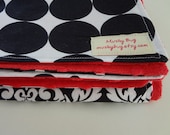 READY TO SHIP Baby blanket in black and white patchwork with red minky