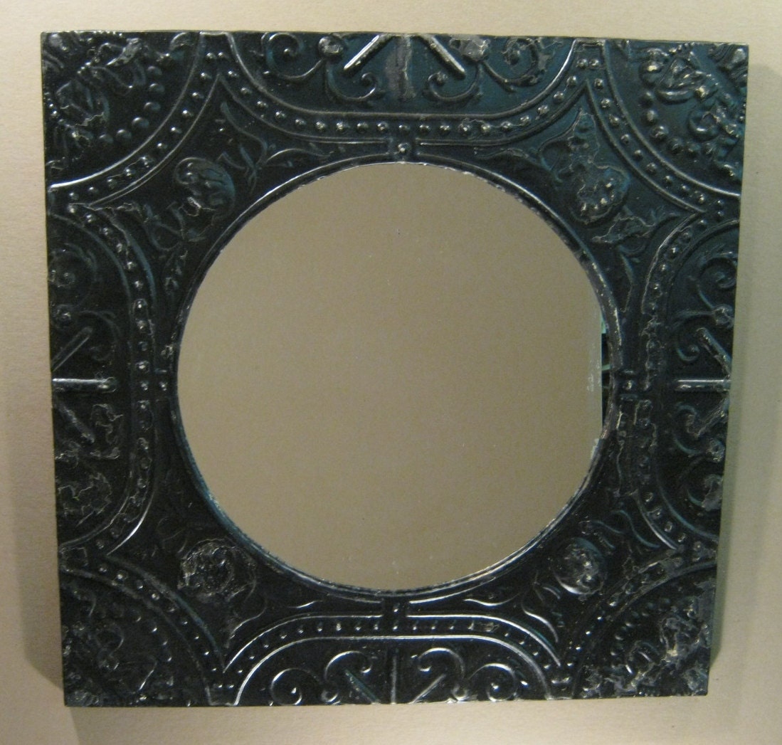 TIN CEILING Metal Mirror 23"x23" Round BLACK Shabby Decorative Chic Recycled S 1062-13